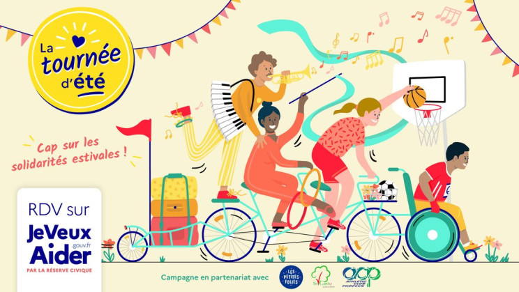 Affiche de la campagne Je Veux Aider façon illustration de couleurs jaune, vert et bleu