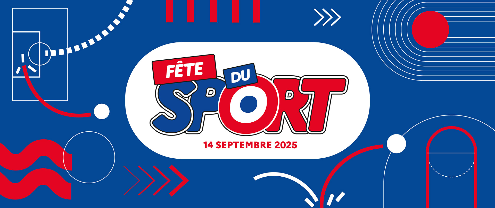 Bannière Fête du Sport en bleu blanc rouge et des motifs