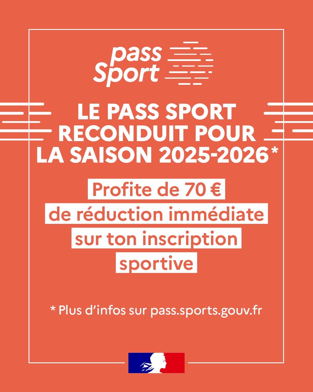 Vignette orange avec les textes 'LE PASS SPORT RECONDUIT POUR LA SAISON 2025-2026'
