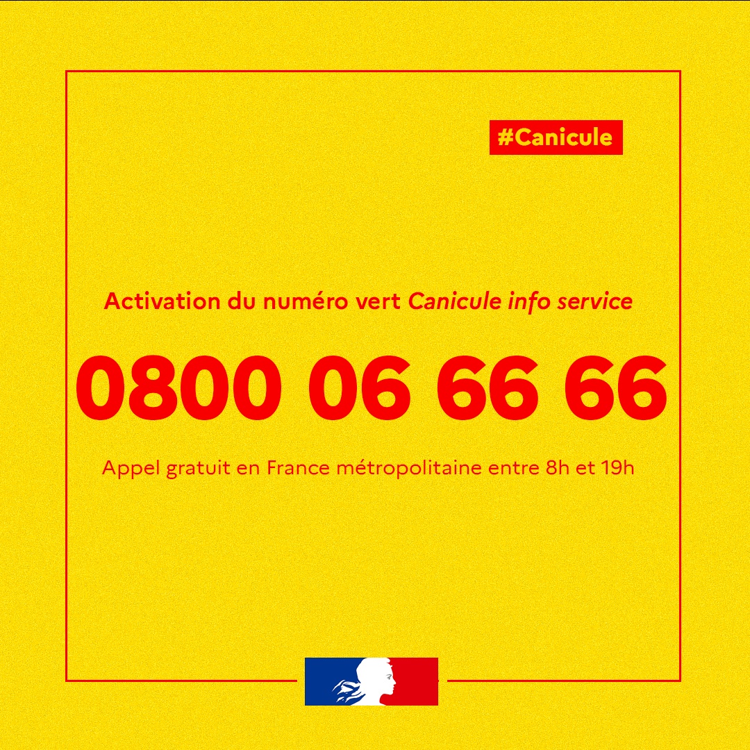 Vignette jaune avec le numéro vert « Canicule info service » joignable au 0 800 06 66 66