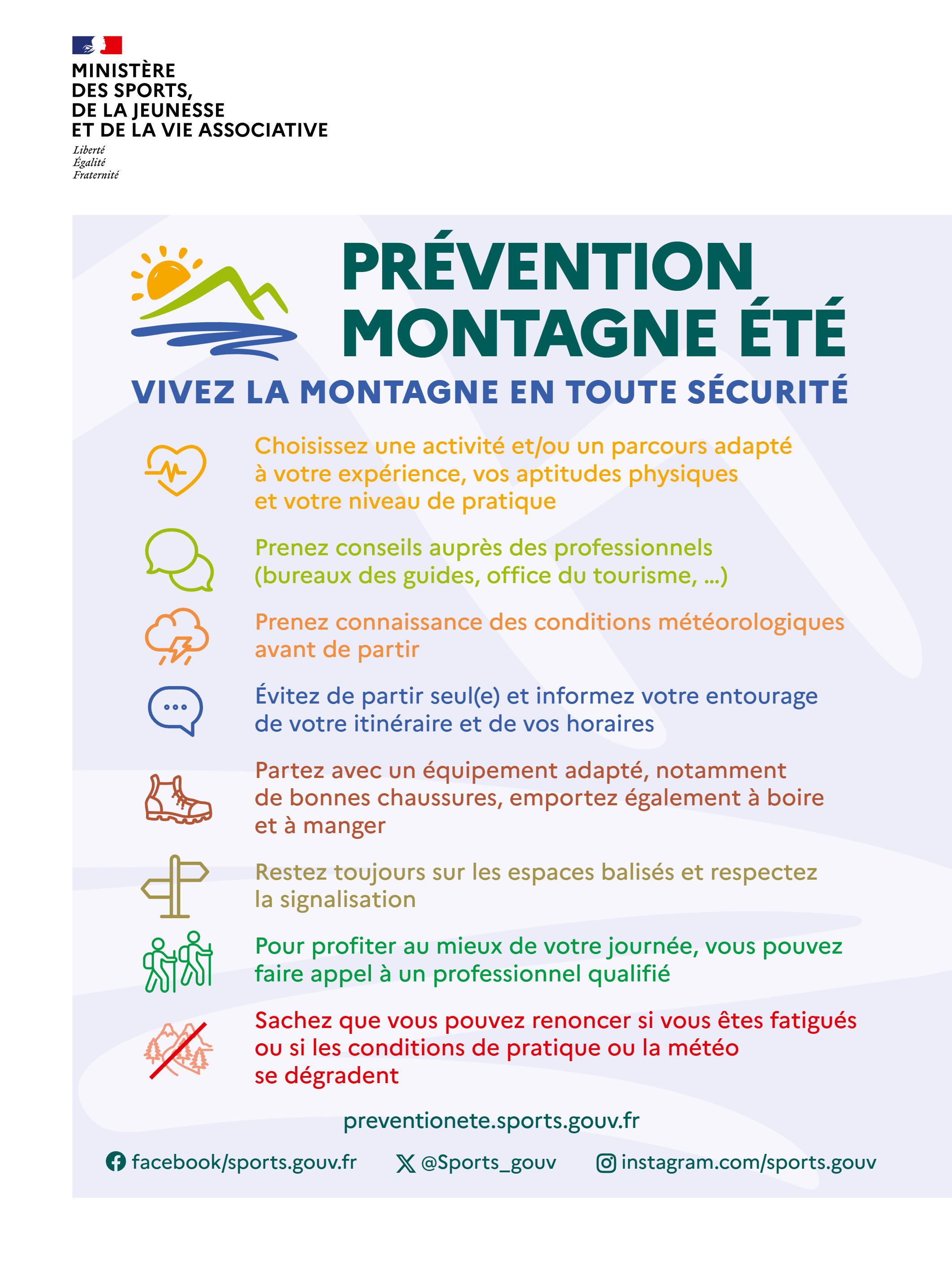 Fiche avec les conseils de sécurité pour les activités sportives en montagne l'été