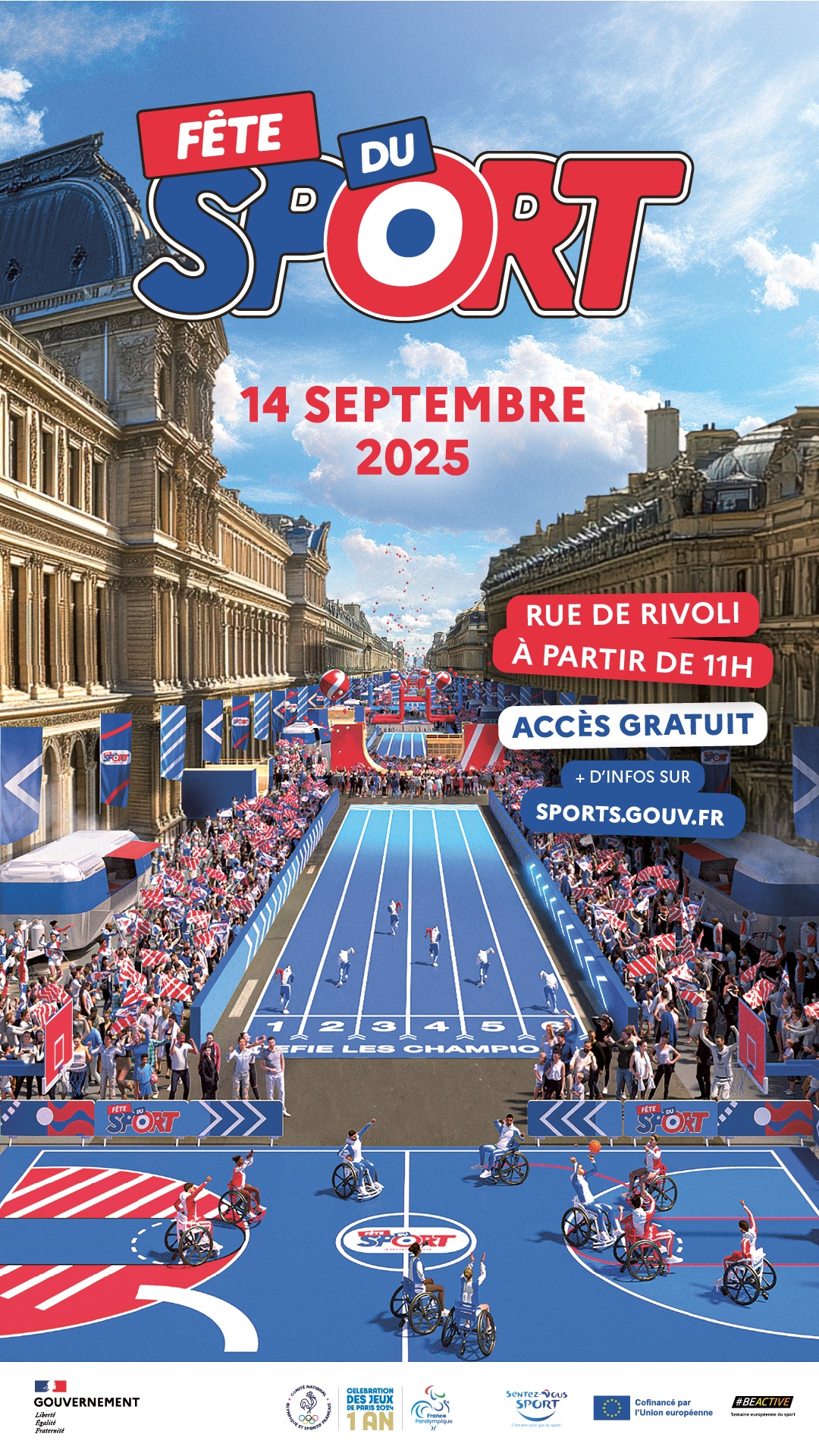 Affiche de l'événement Fête du Sport à Paris avec les activités sportives le long de la rue de Rivoli