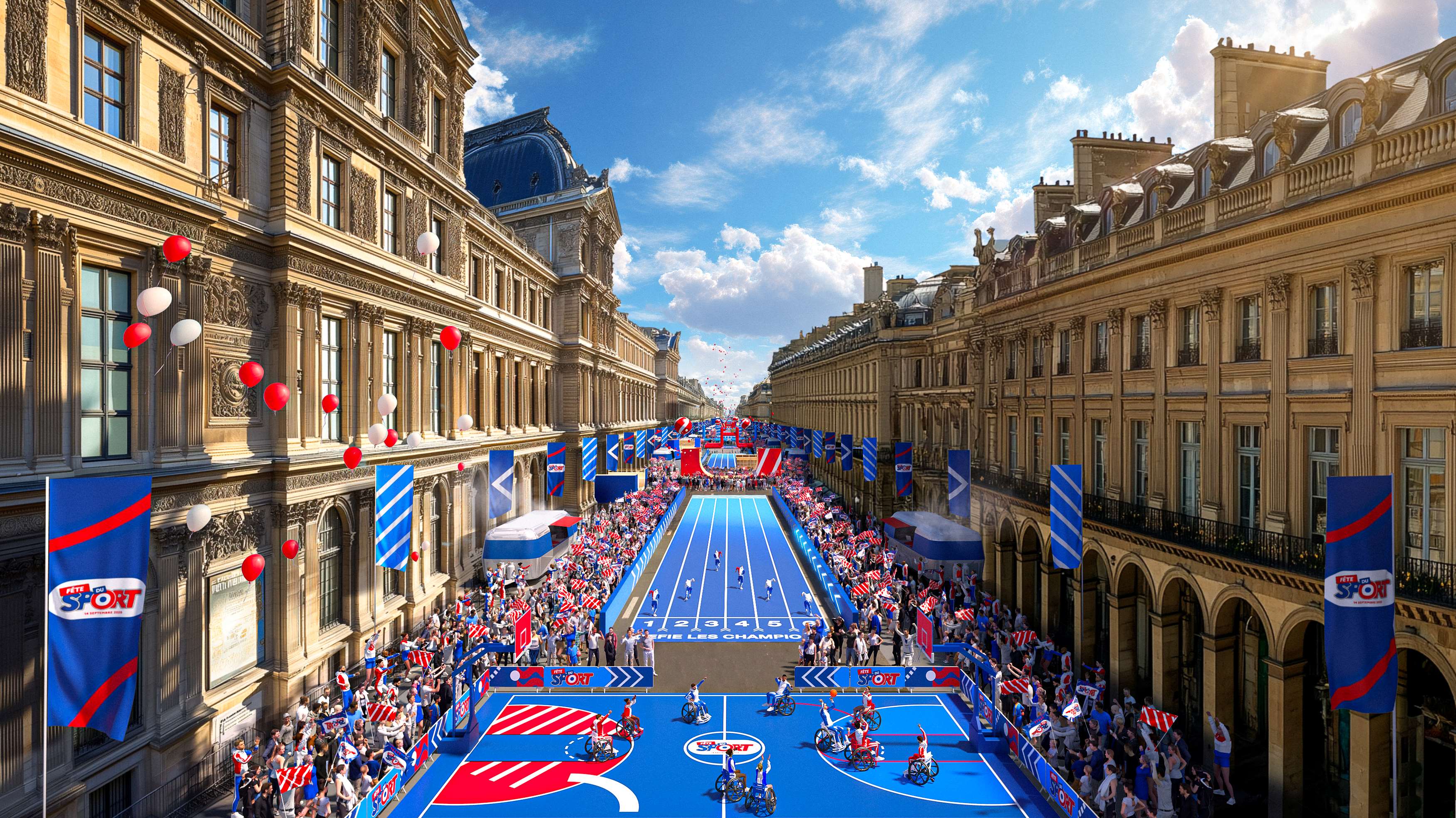 Visuel de la Fête du Sport 2025 avec des animations sportives le long de la rue de Rivoli à Paris