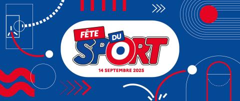 Bannière Fête du Sport en bleu blanc rouge et des motifs