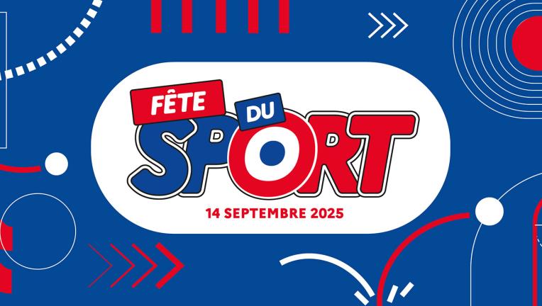 Bannière Fête du Sport en bleu blanc rouge et des motifs