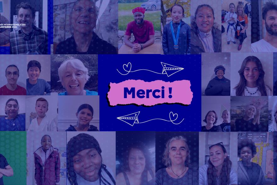 Photo avec une mosaïque de portraits de bénévoles sur fond bleu et le mot merci