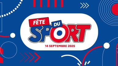 Bannière Fête du Sport en bleu blanc rouge et des motifs