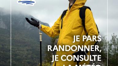 Vignette prévention montagne avec le texte : Je pars randonner, je consulte la météo