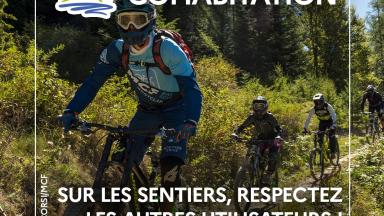 Vignette prévention montagne avec le texte : Cohabitation - Sur les sentiers, respectez les autres utilisateurs !