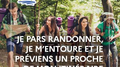 Vignette prévention montagne avec le texte : Je pars randonner, je m'entoure et je préviens un proche de mon itinéraire
