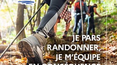 Vignette prévention montagne avec le texte : Je pars randonner, je m'équipe en conséquence