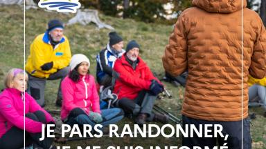 Vignette prévention montagne avec le texte : Je pars randonner, je me suis informé