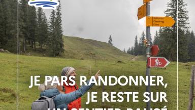 Vignette prévention montagne avec le texte : Je pars randonner, je reste sur un sentier balisé