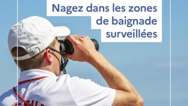 Vignette prévention des noyades présentant un sauveteur-nageur avec des jumelles