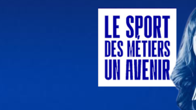 Bandeau bleu avec un homme et une femme et le texte un cadre blanc "Le sport, des métiers, un avenir"