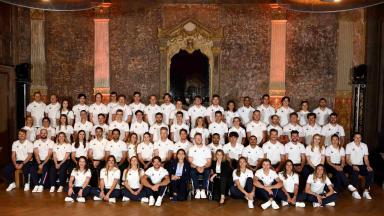 Photo de groupe lors du Media Day 10 octobre 2025 avec les athlètes qui vont participer au JOP de Milan Cortina