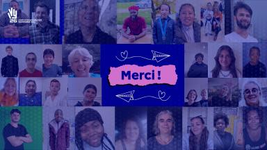 Photo avec une mosaïque de portraits de bénévoles sur fond bleu et le mot merci